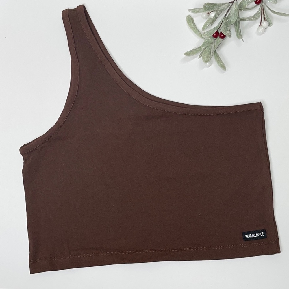 Brown One Shoulder Knit Tank Top Cropped Shirt Crop Sleeveless Summer Blouse Gym - Picture 3 of 17